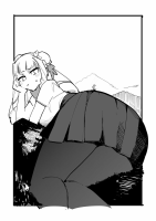 giantess blushing monochrome butt bunny skirt sweat pleated_skirt point_of_view hair_ribbon looking_at_viewer bangs short_sleeves double_bun sweat_drop greyscale tiny_person 1girl blunt_bangs eyebrows_visible_through_hair ojou-sama