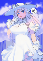 breasts giantess white_hair city large_breasts long_hair blue_eyes cleavage huge_breasts gloves dress day open_mouth cloud standing outdoors sky hat white_dress looking_at_viewer sun_hat bangs white_gloves hair_ornament speech_bubble 1girl blunt_bangs eyebrows_visible_through_hair cowboy_shot ojou-sama white_headwear nikukaiq