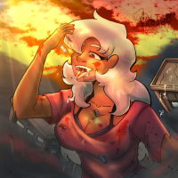 breasts drawing white_hair city mega color large_breasts long_hair tongue destruction rampage cleavage bra buildings saliva blood brown_eyes cruel falling vehicles dark_skin dropped hanging_on on_tongue anon between_breasts altairasartdesigne giantess vore