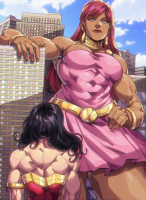 breasts drawing giantess city mega black_hair color long_hair cleavage green_eyes smiling giganta red_hair dress muscles dark_skin thighs leaning_against_building costume wonder_woman earrings belt hands_on_hips looking_at_tiny dc_comics bare_legs az_ciam