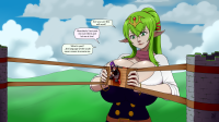 breasts large_breasts long_hair cleavage green_eyes huge_breasts green_hair ponytail day shrunken_woman cloud sky tiara pointed_ears hair_ornament tiki_(fire_emblem) ydbunny 1girl giantess