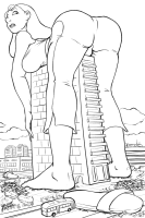 breasts drawing giantess city mega monochrome long_hair butt destruction barefoot buildings island bus pants thighs hawaii yellowfeather disney looking_behind slippers thick_thighs cracked_ground on_building nani_pelekai bare_midriff lilo_and_stitch