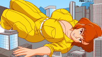 breasts drawing giantess city mega color large_breasts clothed cleavage buildings brunette brown_eyes lying_down short_hair boots thighs looking_at_viewer belt jumpsuit teenage_mutant_ninja_turtles reporter april_oneil potercolusgts