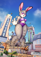 bikini breasts drawing growth giantess panties furry tail city mega color swimsuit destruction bunny cleavage bra buildings purple_eyes outgrowing_building disney crowds debris bare_legs grey_skin judy_hopps zootopia bare_midriff raifirefox