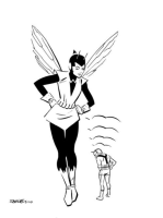 giantess shrunken_man looking_down ant-man the_wasp gloves boots costume hands_on_hips helmet janet_van_dyne marvel_comics belt drawing wings monochrome shrinking hand sketch standing no_background solo greyscale simple_background 1boy full_body male_focus