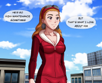 drawing giantess city ace_attorney dialogue desiree_delite bigchipher66 breasts blushing long_hair cleavage brunette brown_eyes smiling lips day cloud english sky jewelry earrings goggles orange_hair speech_bubble solo medium_breasts 1girl goggles_on_head