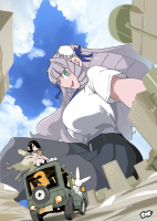 breasts black_hair large_breasts long_hair skirt green_eyes ribbon smiling pink_hair day shrunken_woman open_mouth cloud sky hat shirt hair_ribbon bangs short_sleeves double_bun very_long_hair multiple_girls 2girls bun_cover ground_vehicle motor_vehicle giantess