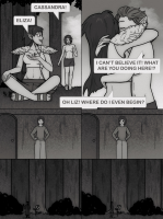 breasts nude comic monochrome large_breasts long_hair topless navel shrunken_woman standing back english greyscale damianlix bella_souto giantess