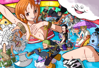 giantess apple7apo breasts blonde black_hair large_breasts long_hair sword nico_robin cleavage sweat smiling japanese_clothes kimono short_hair snake weapon open_mouth skeleton hat jewelry monkey_d_luffy umbrella earrings orange_hair sanji parasol afro facial_hair boa_hancock nami_(one_piece) multiple_girls roronoa_zoro multiple_boys holding_umbrella oriental_umbrella