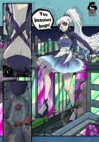 giantess gtslab00 breasts white_hair long_hair blue_eyes cleavage high_heels ponytail dress nylons english jewelry necklace earrings weiss_schnee speech_bubble solo 1girl strapless cropped_jacket rapier