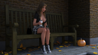 breasts large_breasts skirt shoes brunette shrunken_man necklace belt bench on_knee bare_legs long_hair clothed cleavage pumpkin coffee digital_render autumn tinyman taintedwizard