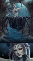 breasts drawing comic color bra water red_eyes smiling shrunken_man cave grey_hair pinched looking_at_tiny pointed_ears grey_skin webs hellraaisin giantess drider spiderwoman