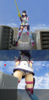 giantess size_difference city black_hair long_hair butt armor blue_eyes sword photoshop toy weapon uniform photograph white_panties miniskirt thick_thighs action_figure figure ssss_gridman rikka_takarada scrunchie diorama figuregunplafan