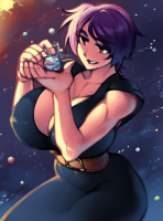 miya purple_hair breasts drawing giantess earth giga space color large_breasts destruction planet handheld cleavage brown_eyes short_hair sun poke pants thighs belt stars cosmic_giantess gareit0