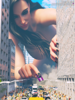 breasts nipples giantess nude city black_hair large_breasts destruction buildings kneeling vehicles reflection smoke crowds running_away pinched digital_render looking_at_tinies ds-sael