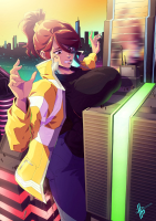 breasts drawing giantess city mega color large_breasts butt destruction water buildings jeans brunette ponytail reflection thighs sweater jacket between_buildings gloria zerohour99 looking_at_tinies skyscraper