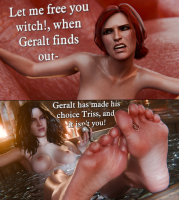 breasts nipples giantess nude comic black_hair long_hair blue_eyes toes barefoot bath water green_eyes between_toes freckles dialogue candle looking_at_tiny digital_render the_witcher goblet triss_merigold yennefer hpmw-fan45