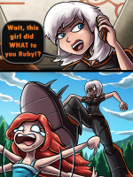 breasts drawing giantess white_hair mega comic color long_hair blue_eyes shoes red_hair ginormica short_hair foot_crush phone cruel forest clouds thighs monsters_vs_aliens tears trees belt jumpsuit dialogue running_away imminent_crush susan_murphy dreamworks ruby_gillman chelsea shadyblazeblizzard