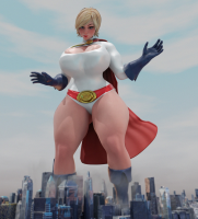 breasts giantess city mega blonde blue_eyes cleavage buildings huge_breasts gloves short_hair boots thighs costume cape belt leotard power_girl thick_thighs digital_render dc_comics bare_legs huckleberry8181
