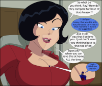 breasts drawing black_hair color large_breasts blue_eyes cleavage bed pillow shrunken_man looking_down mask costume bedroom atom dialogue looking_at_tiny dc_comics cutaway between_breasts jean_loring