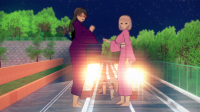 giantess festival koikatsu chieri_oomine topanganikki blonde long_hair brunette brown_eyes smiling tree japanese_clothes kimono shrunken_woman standing night outdoors sky looking_at_viewer night_sky multiple_girls star_(sky)