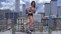 breasts black_hair long_hair cleavage bra buildings shoes brunette brown_eyes lips tree day shorts skyscraper cloud standing holding athletic outdoors sky tattoo looking_at_viewer bare_shoulders standing_on_one_leg rooftop bare_midriff realistic 1girl strapless cloudy_sky tainted_wizard giantess city large_breasts digital_render skates