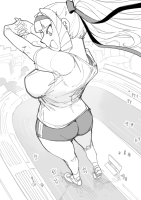 nikukaiq breasts giantess monochrome large_breasts long_hair butt shoes smiling twintails open_mouth standing sneakers headband stretch track solo greyscale bike_shorts 1girl