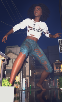 breasts giantess city mega black_hair toes barefoot buildings jeans brown_eyes reflection dark_skin dreadlocks ripped_clothing digital_render bare_legs bare_midriff allthesizepuns nerd