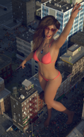 bikini breasts giantess city mega swimsuit toes barefoot cleavage buildings brunette street foot_crush phone sunglasses cruel thighs closed_eyes necklace crowds hanging_on running_away water_tower digital_render bare_legs bare_midriff allthesizepuns