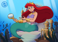 breasts drawing giantess tail mega color long_hair blue_eyes handheld bra water ocean mermaid castle smiling underwater red_hair crown queen magnifying_glass disney necklace ships throne ariel the_little_mermaid bracelet looking_at_tiny seashell_bra bare_midriff spunkbug clam