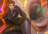 breasts drawing giantess vore alien comic black_hair color claws saliva green_eyes red_hair lying_down shrunken_woman open_mouth dangle thighs jumpsuit imminent_vore pinched looking_at_tiny black_widow mantis marvel_comics guardians_of_the_galaxy ondieony marvel_rivals
