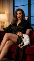 giantess gentle sleeping long_hair clothed brunette smiling sitting shrunken_man suit sofa lamp ai_art silk_robe