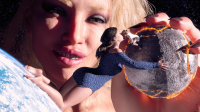giantess giga multiple_sizes terra earth blonde black_hair teeth barefoot smiling moon dress short_hair tontoblackadder jewelry nail_polish