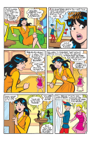 giantess mega betty veronica archie comic black_hair shrunken_woman shrunken_man english desk hat bookshelf yellow_shirt multiple_girls orange_shirt 2girls