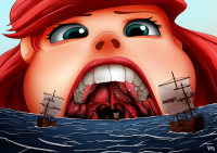 breasts drawing giantess vore giga mega color long_hair blue_eyes teeth water ocean mermaid red_hair open_mouth disney ships ariel the_little_mermaid kisparlius