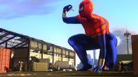 breasts giantess city mega large_breasts handheld buildings kneeling mask vehicles clouds thighs costume bracelet running_away pinched looking_at_tiny digital_render marvel_comics may_parker spider-girl gmodmacro