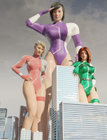 breasts giantess city mega blonde black_hair large_breasts long_hair buildings green_eyes multiple_sizes brown_eyes gloves asian red_hair giantesses reflection leaning_against_building costume giant_girl looking_at_viewer leotard hands_on_hips looking_at_tiny digital_render gwen_stacy mary_jane bare_legs spider-man marvel_comics earth_20052 ci0 yuri_watanabe giant_woman_squad