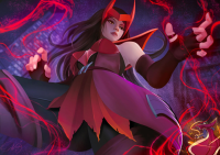 breasts drawing giantess city mega color long_hair buildings brunette brown_eyes gloves avengers magic night thighs red_nails costume point_of_view cape belt tiara looking_at_tiny marvel_comics scarlet_witch doctor_strange ondieony marvel_rivals