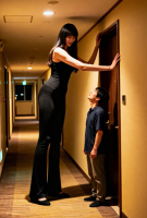 gentle clothed asian dress mini_giantess standing size_comparison hallway ai_art giantess shrunken_man night indoors tall_tales height_compare