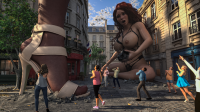 breasts nipples city large_breasts long_hair skirt buildings brunette street ponytail dress day walking running shrunken_woman shrunken_man standing outdoors sky tinies road digital_render multiple_girls marvin231 multiple_boys public_nudity giantess multiple_sizes