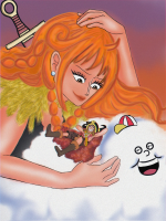 breasts giantess long_hair smiling boots shrunken_man sunglasses hat jewelry monkey_d_luffy earrings orange_hair nami_(one_piece) 1girl