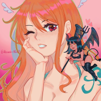 breasts giantess nude wings large_breasts long_hair smiling shrunken_woman devil butterfly orange_eyes orange_hair one_eye_closed pink_background 1girl upper_body