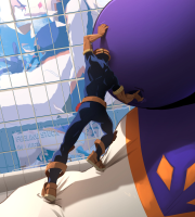 gloves muscles bodysuit standing 1boy male_focus khyle giant_breast giantess my_hero_academia kamui_woods breasts drawing city blonde color buildings anime mask reflection costume mt._lady