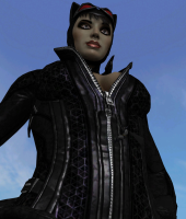dc_comics breasts giantess black_hair blue_eyes cleavage climbing shrunken_man mask batman costume catsuit catwoman zipper no_background looking_at_tiny digital_render roodedude