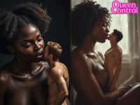 love kissing shrunken_man interracial panels queencontrol breasts black_hair lips dark_skin closed_eyes realistic ai_art very_dark_skin