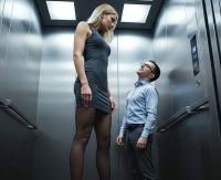 gentle blonde long_hair clothed glasses mini_giantess standing size_comparison mini_skirt elevator ai_art strong_tall_woman