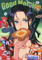 blushing black_hair long_hair blue_eyes jeans heart shrunken_woman shrunken_man eating food pants cup orange_eyes looking_at_viewer eggs denim orange_hair bangs toast multiple_girls 2girls spoken_heart 1boy parted_bangs spoken_question_mark musical_note sunday fujimaru_ritsuka_(female) spoken_musical_note ricardo_blue73 giantess