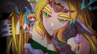 giantess blonde long_hair blue_eyes gloves elf shrunken_man dangle earrings looking_at_viewer bangs thick_eyebrows 1girl cyan_nails giantanimegirls