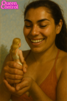 handheld domination queencontrol giantess blonde long_hair teeth smiling lips grin shrunken_woman dark_skin closed_eyes facial_hair ai_art 1girl interlocked_fingers own_hands_together hands_clasped