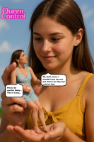 long_hair handheld brunette brown_eyes smiling lips hand lesbians shrunken_woman nose looking_at_viewer ai_art dialogue realistic queencontrol